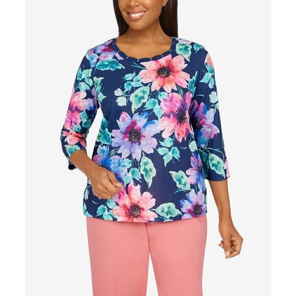 Alfred Dunner Boho Vibes Watercolor Floral Top 3/4 Sleeves‎ Sz L petite - Picture 2 of 14